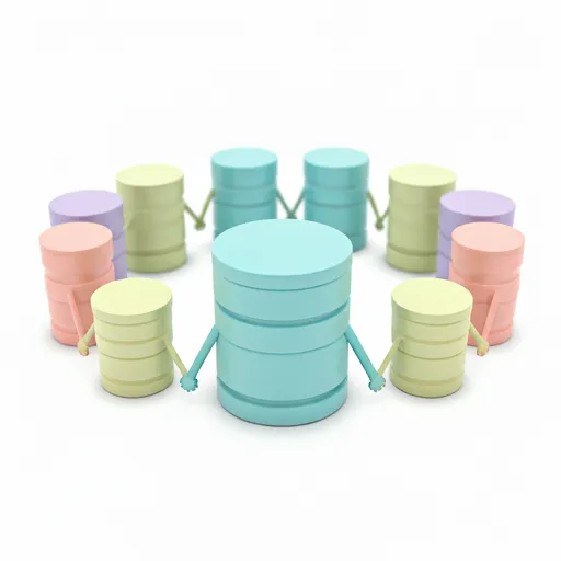 Image depicting a variety of database cylinders holding hands