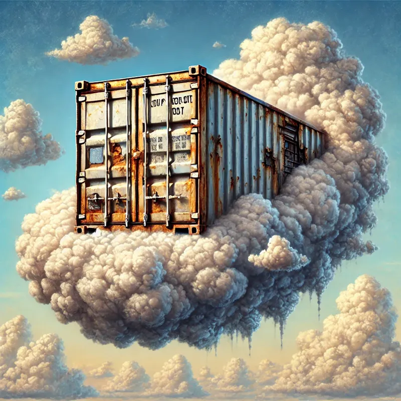 Image depicting a rusted old shipping container on a cloud