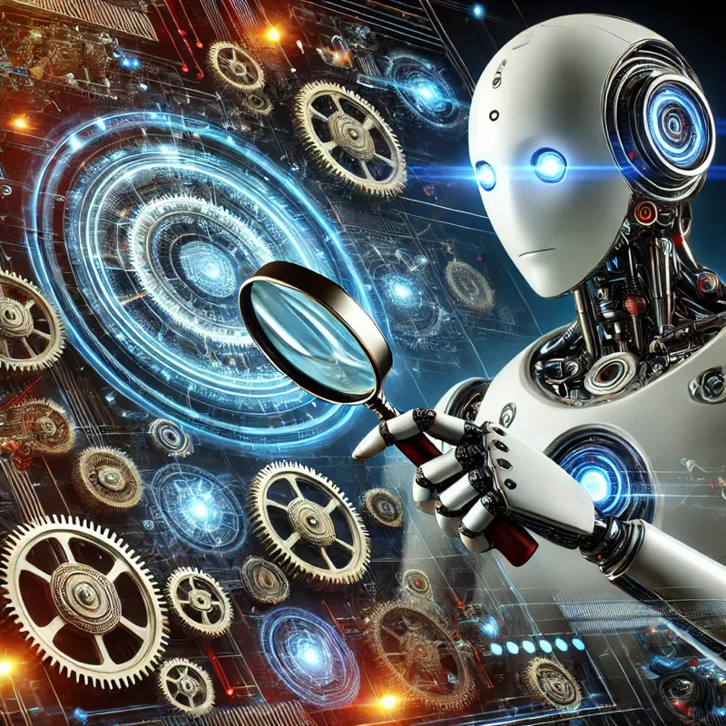 Image depicting a robot with a magnyfing lens looking at gears