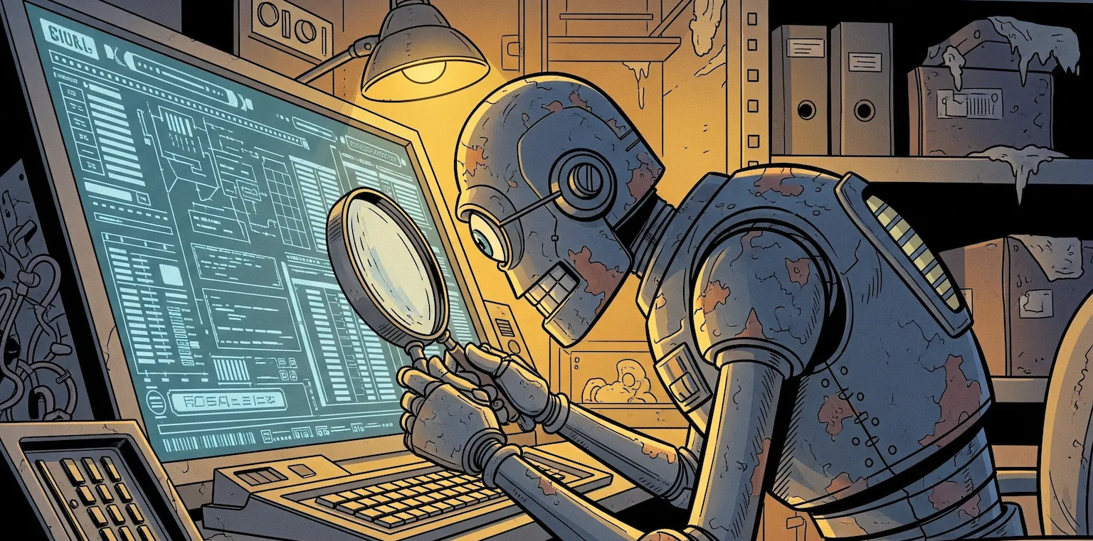 Axoniz robot with magnifying glass searching a blueprint