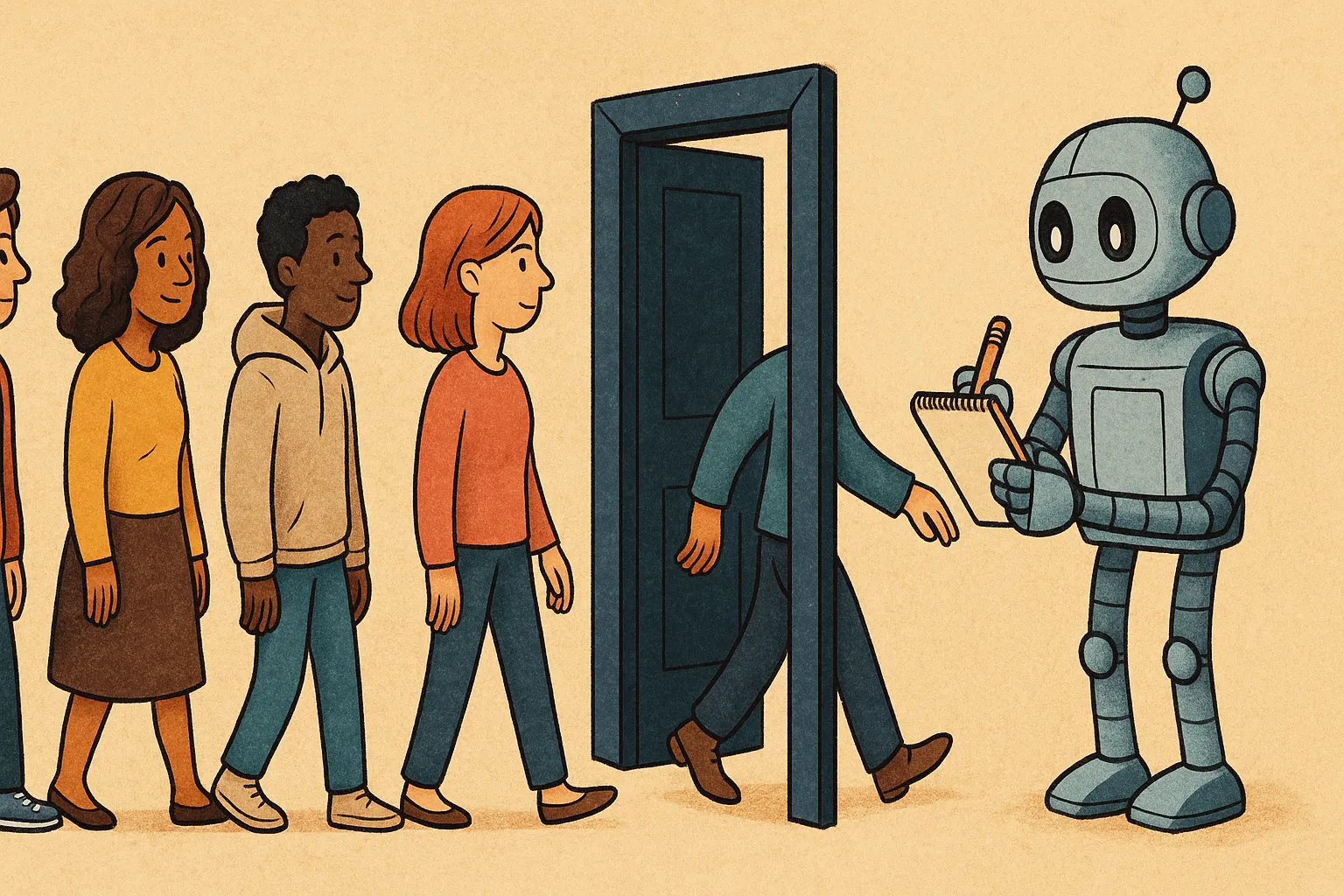 Image depicting line of people entering a door